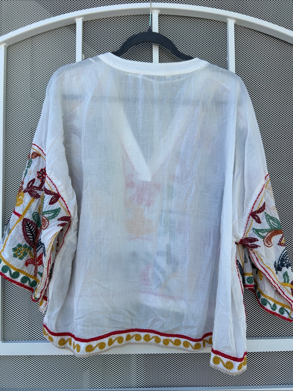 Embroidered V-Neck Boho Top - White with Multicolor Folk Motif - Picture 6 of 7